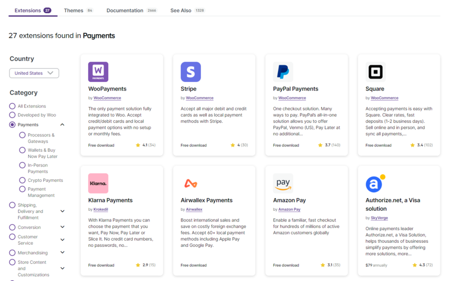 Page of results on WooCommerce Extensions showing a range of payment gateways with filter set to USA