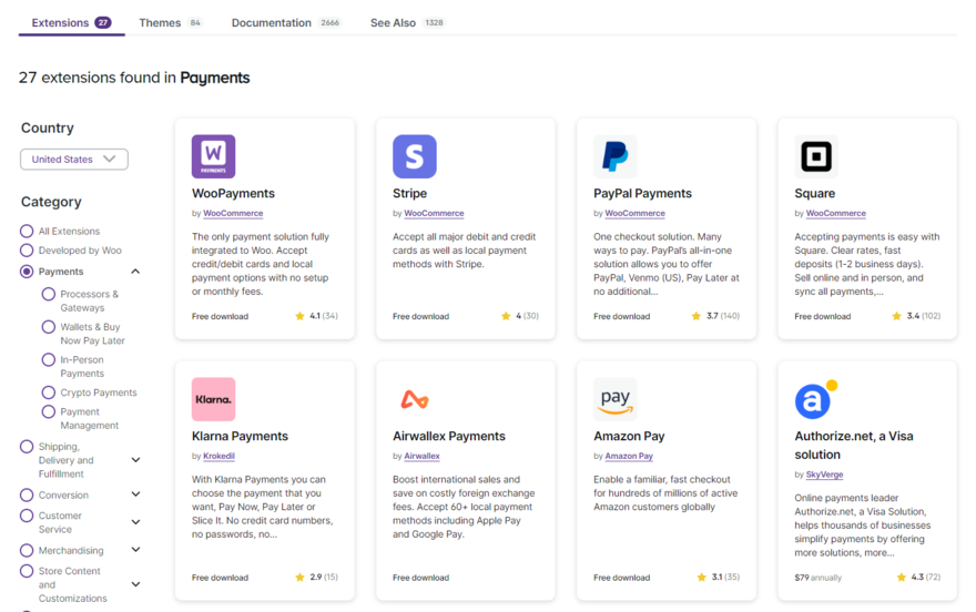 WooCommerce payment extensions Page of results on WooCommerce Extensions showing a range of payment gateways with filter set to USA