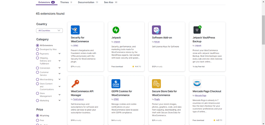 WooCommerce security plugins WooCommerce Extensions page showing a list of security plugins