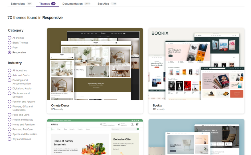 WooCommerce Theme Store showing responsive themes