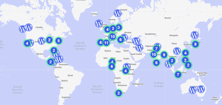 WordPress 20th celebration map Globe map marking WordPress anniversary event locations