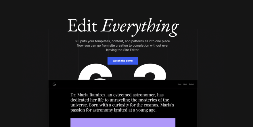 WordPress 6.3 Image of the WordPress 6.3 Update. A black page with white text.