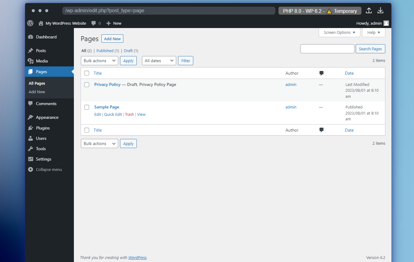 wordpress dashboard a dashboard, with a charcoal side menu and blog posts with blue text