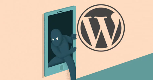 wordpress hackers A creepy illustrated man steps out form inside a phone next to the WordPress logo