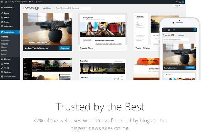 wordpress homepage comparing the desktop templates to their mobile look with banner at the bottom