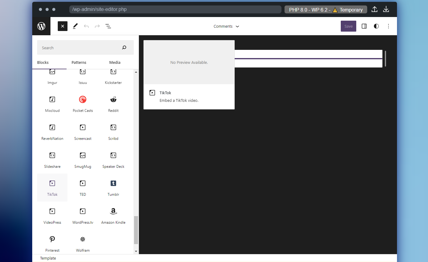 wordpress make your own templates + embeds a menu of tools with icons next to a blank editor