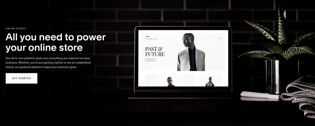 black background squarespace ecommerce page wit laptop showing white website example next to dark houseplant
