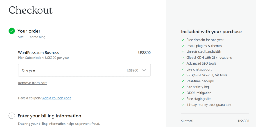 WordPress.com Business plan checkout Nov 23 WordPress.com Business plan checkout page