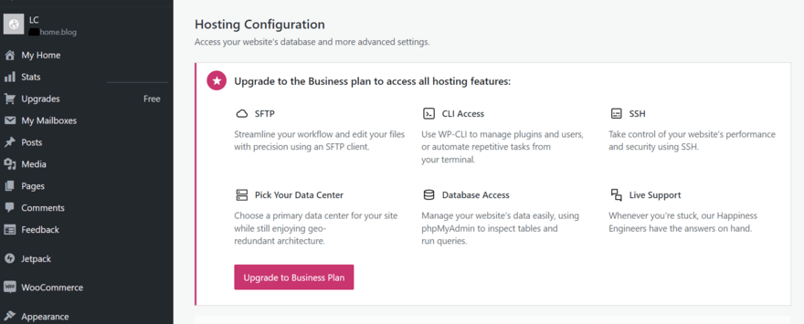 WordPress.com Hosting Configuration settings WordPress.com dashboard Hosting Configuration settings