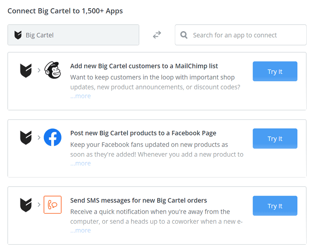 Zapier big cartel apps