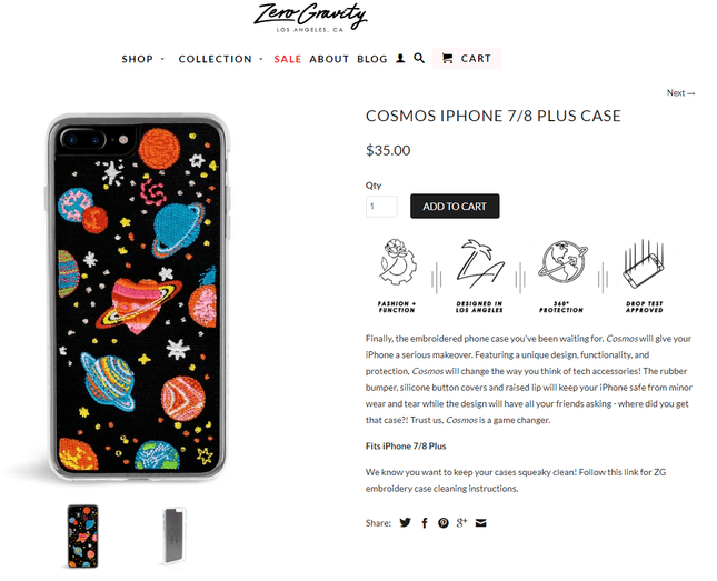 Zero Gravity Product Page Shopify Store ZeroGravity.com product page including photo ad description